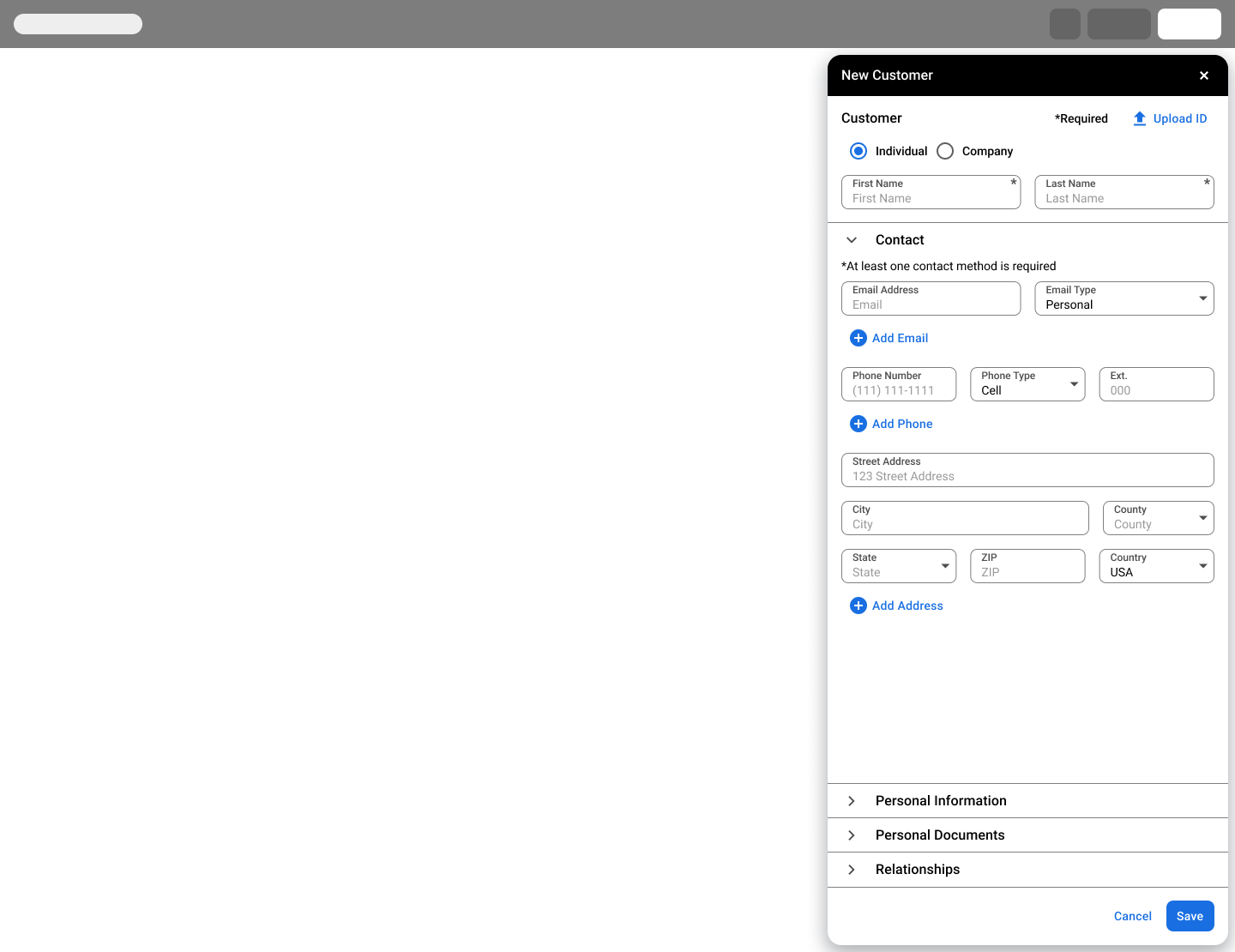 New customer creation form