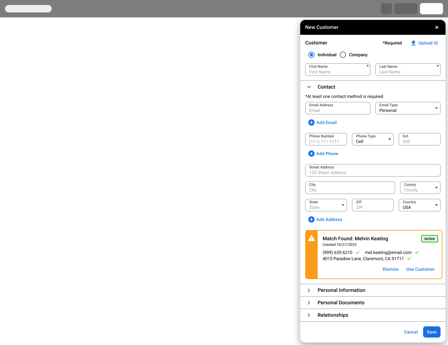 Duplicate match notice during customer creation